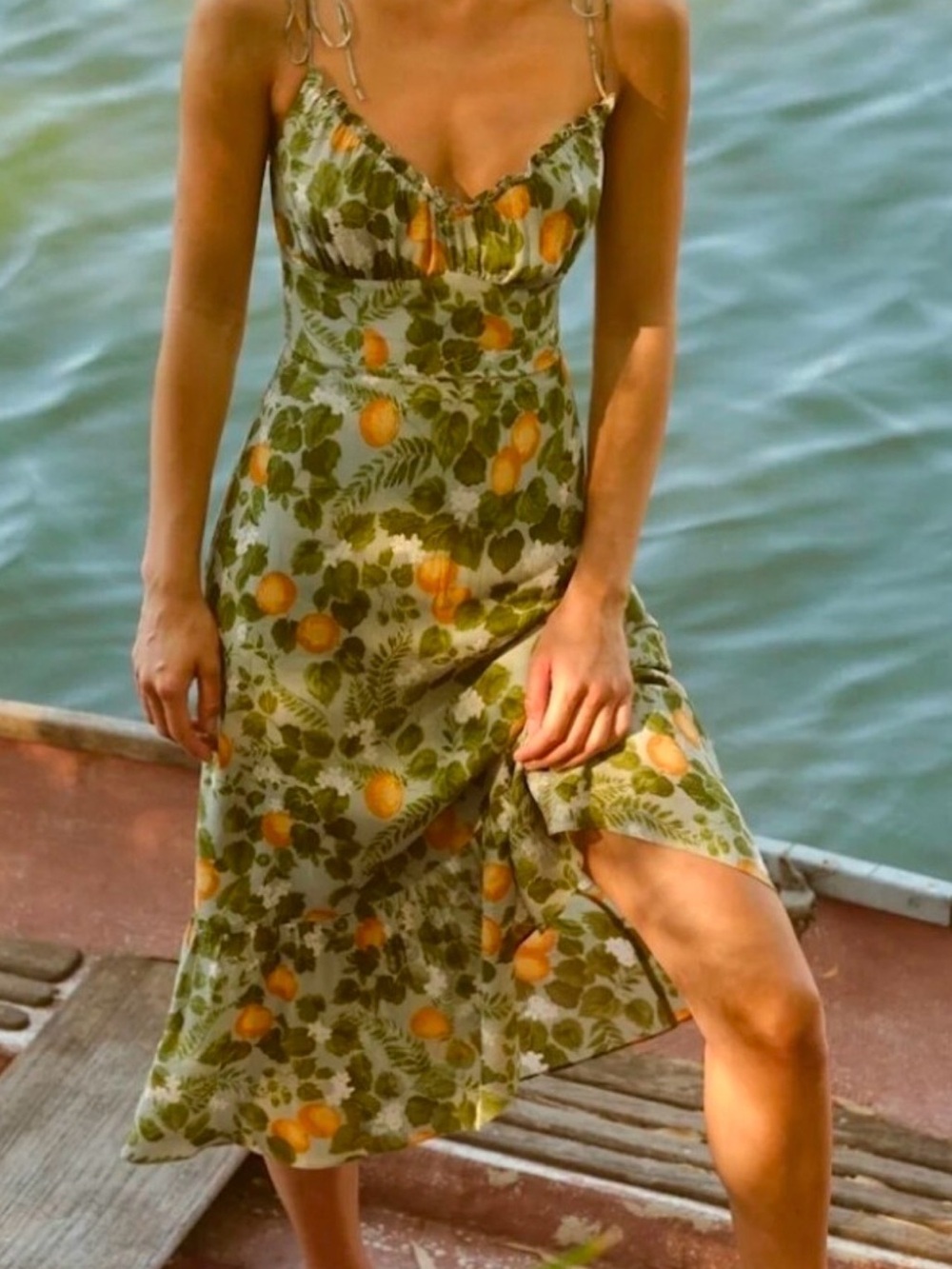 Reformation orange blossom blue green Print dress with tie straps S